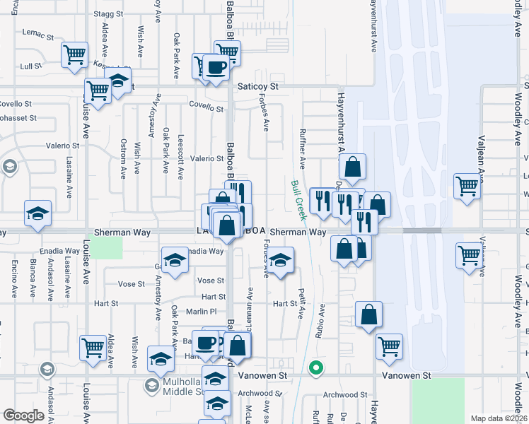 map of restaurants, bars, coffee shops, grocery stores, and more near 16759 Sherman Way in Los Angeles