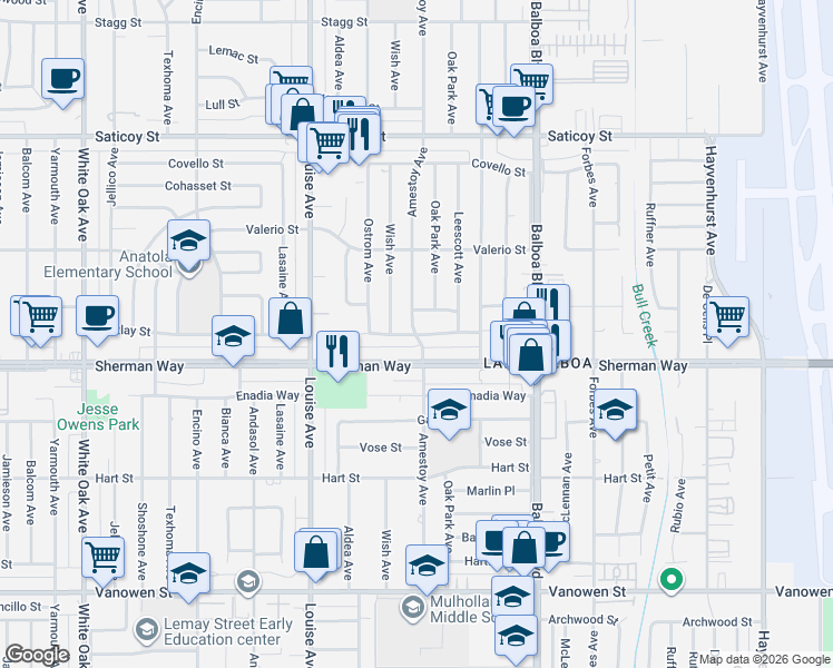 map of restaurants, bars, coffee shops, grocery stores, and more near 17113 Sherman Way in Los Angeles