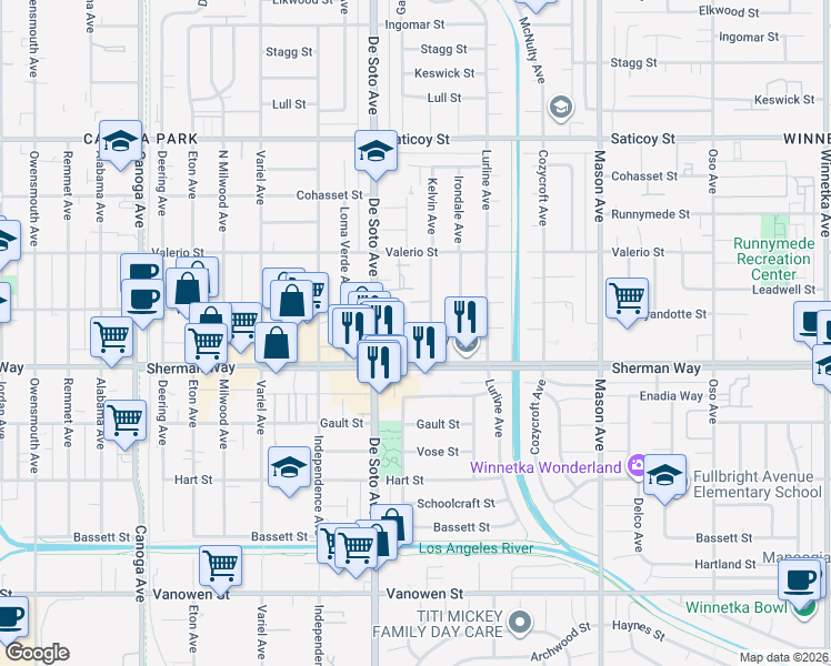 map of restaurants, bars, coffee shops, grocery stores, and more near 20815 Sherman Way in Los Angeles