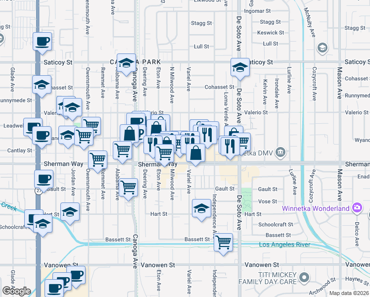 map of restaurants, bars, coffee shops, grocery stores, and more near 21101 Sherman Way in Los Angeles