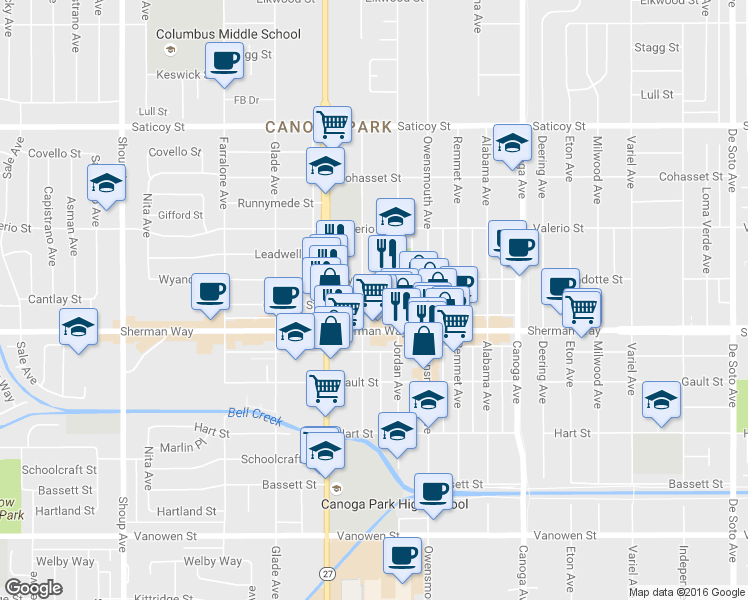map of restaurants, bars, coffee shops, grocery stores, and more near 21815 Sherman Way in Los Angeles