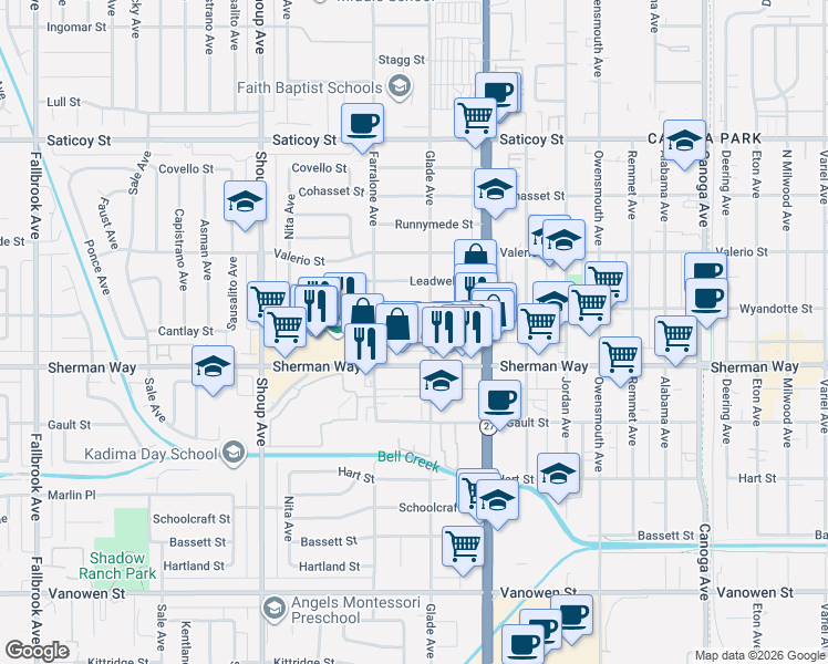 map of restaurants, bars, coffee shops, grocery stores, and more near 22139 Sherman Way in Los Angeles