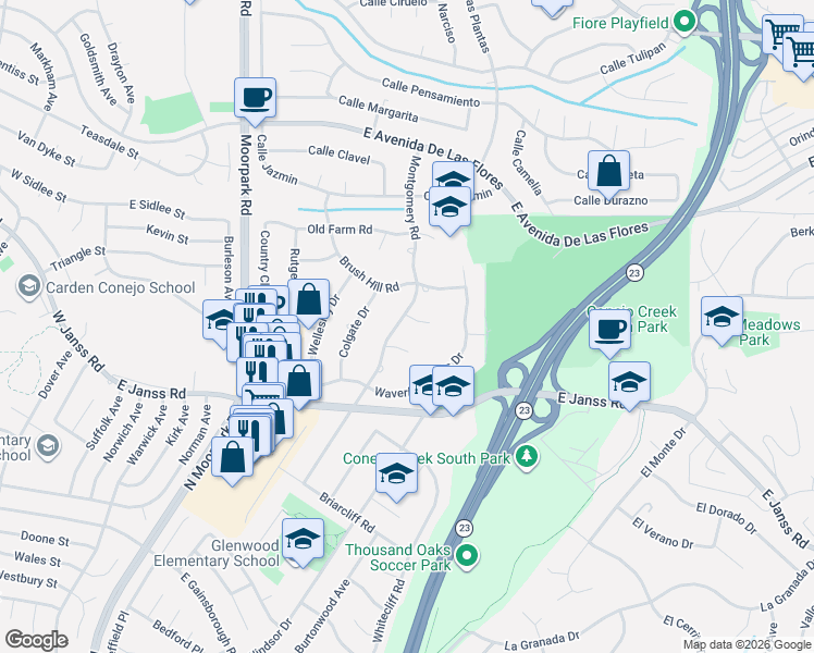 map of restaurants, bars, coffee shops, grocery stores, and more near 965 Pickwick Court in Thousand Oaks