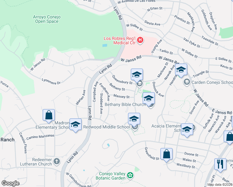map of restaurants, bars, coffee shops, grocery stores, and more near 1655 Dunham Circle in Thousand Oaks