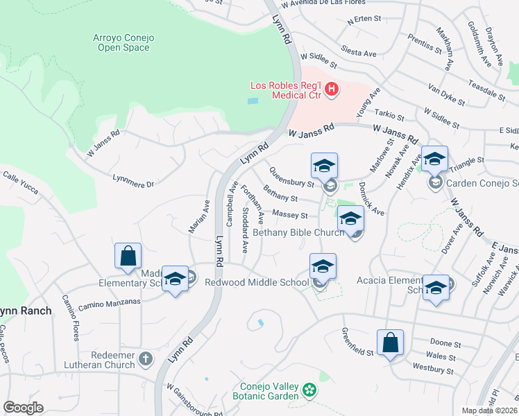 map of restaurants, bars, coffee shops, grocery stores, and more near 1655 Dunham Circle in Thousand Oaks