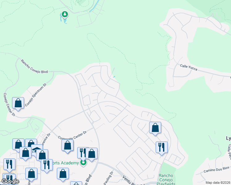 map of restaurants, bars, coffee shops, grocery stores, and more near 1900 Seabreeze Street in Thousand Oaks