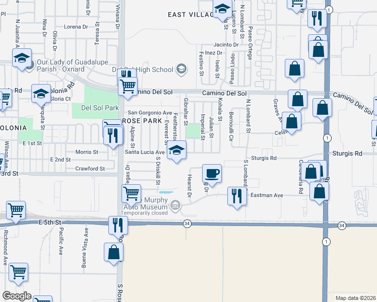 map of restaurants, bars, coffee shops, grocery stores, and more near 2012 Santa Lucia Avenue in Oxnard
