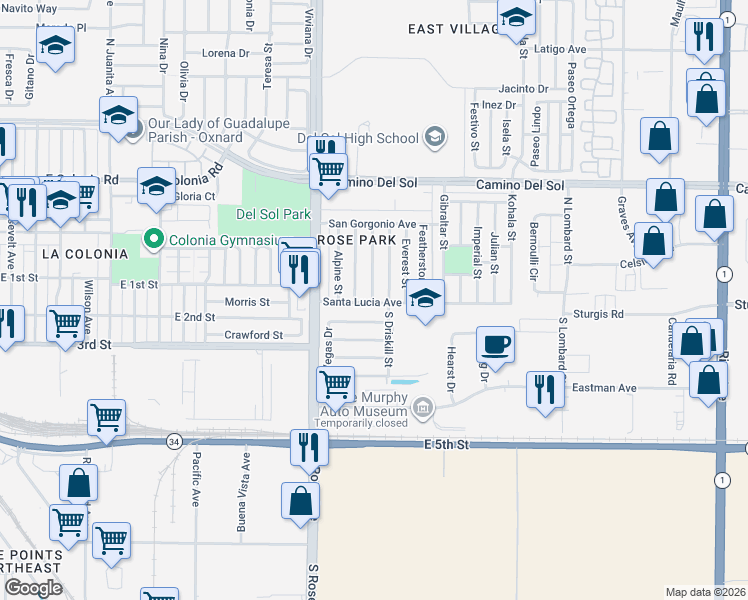 map of restaurants, bars, coffee shops, grocery stores, and more near 1911 Haaz Way in Oxnard