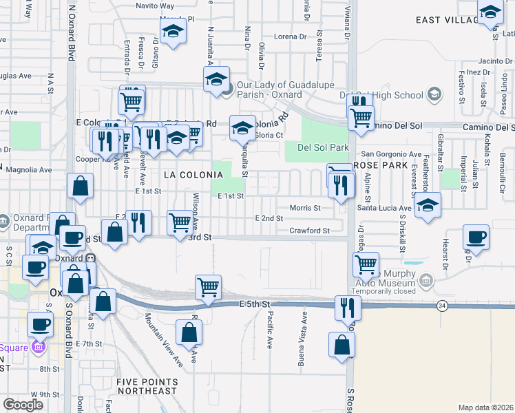 map of restaurants, bars, coffee shops, grocery stores, and more near 204 South Marquita Street in Oxnard