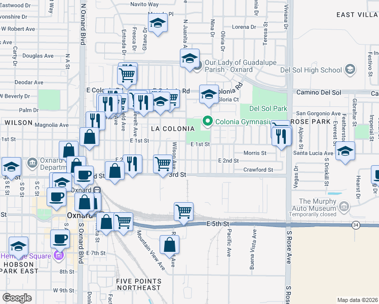 map of restaurants, bars, coffee shops, grocery stores, and more near 204 Lupita Street in Oxnard