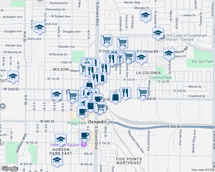 map of restaurants, bars, coffee shops, grocery stores, and more near 350 East 2nd Street in Oxnard
