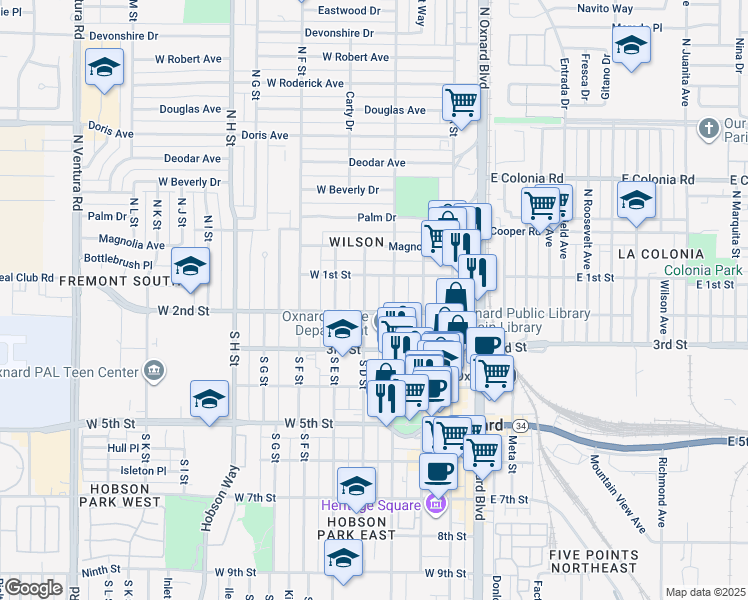 map of restaurants, bars, coffee shops, grocery stores, and more near 201 South D Street in Oxnard