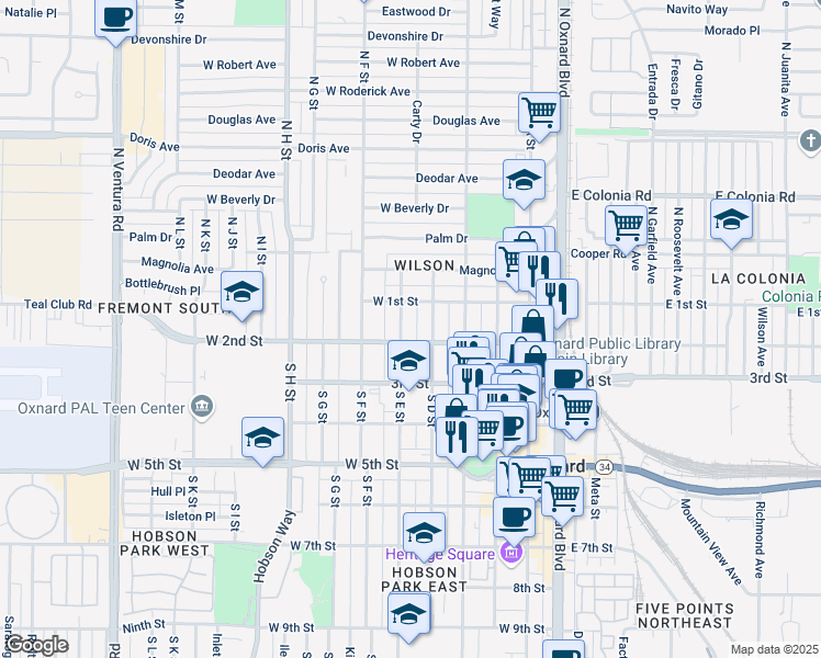 map of restaurants, bars, coffee shops, grocery stores, and more near 201 South D Street in Oxnard