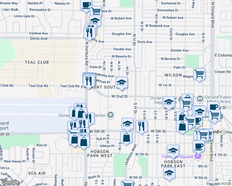 map of restaurants, bars, coffee shops, grocery stores, and more near 1100 West 2nd Street in Oxnard