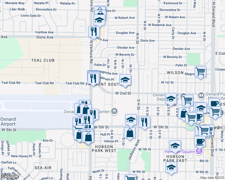 map of restaurants, bars, coffee shops, grocery stores, and more near 200s South K Street in Oxnard