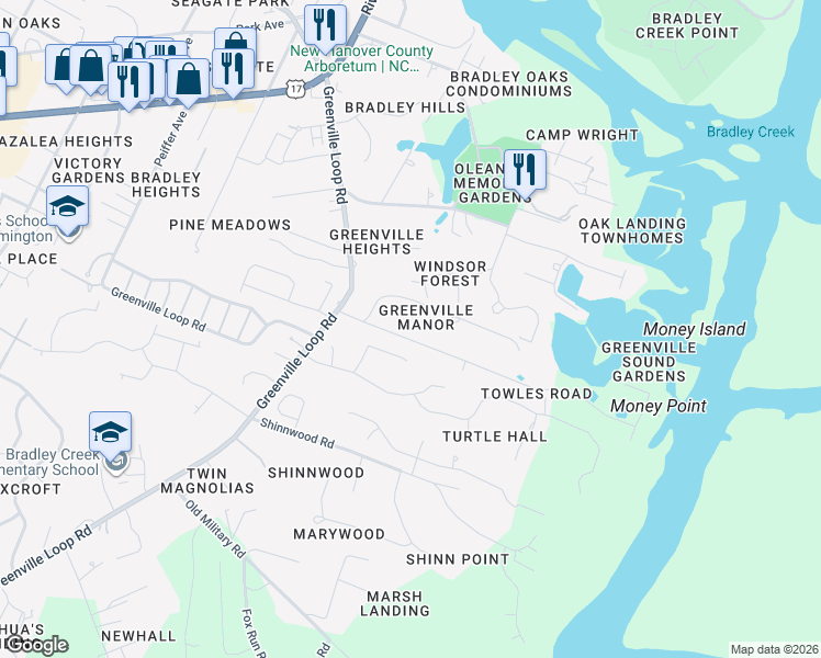map of restaurants, bars, coffee shops, grocery stores, and more near 6230 Towles Road in Wilmington