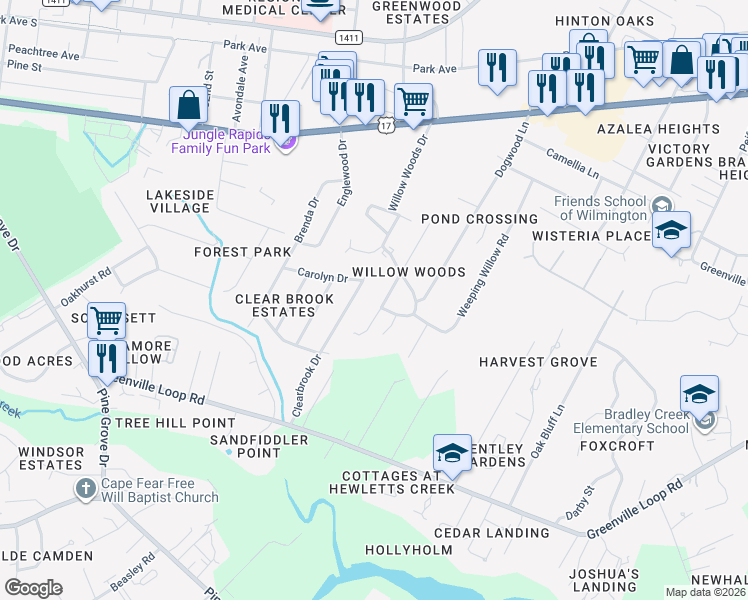 map of restaurants, bars, coffee shops, grocery stores, and more near 5602 Hillwood Street in Wilmington