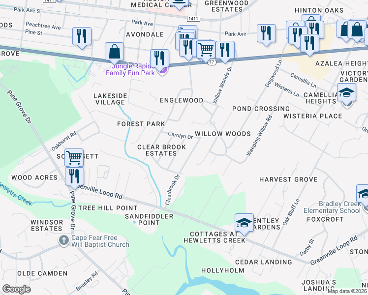 map of restaurants, bars, coffee shops, grocery stores, and more near 417 Clearbrook Drive in Wilmington