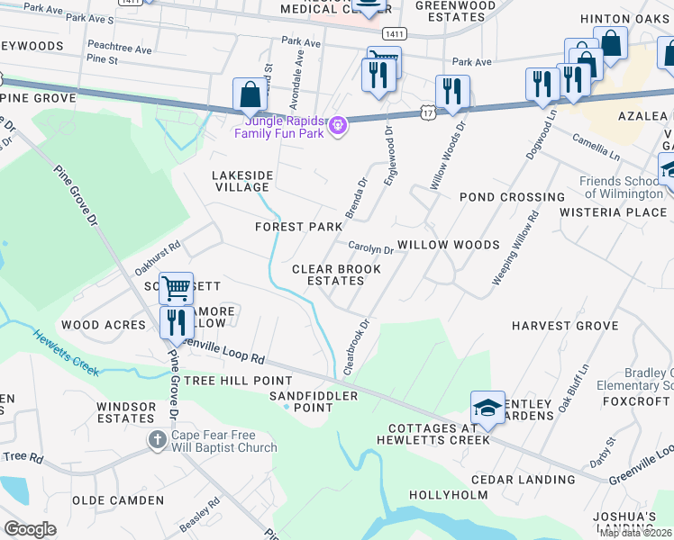 map of restaurants, bars, coffee shops, grocery stores, and more near 420 Lynette Drive in Wilmington