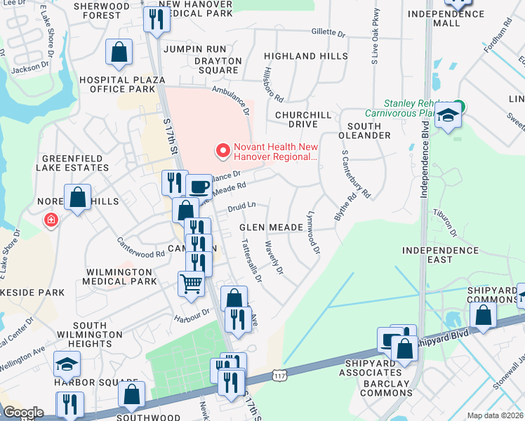 map of restaurants, bars, coffee shops, grocery stores, and more near 2222 Waverly Dr in Wilmington