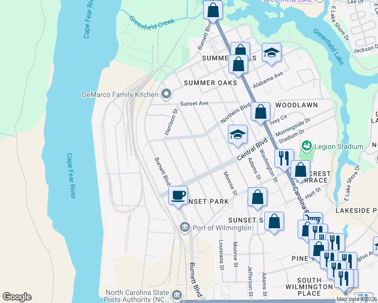 map of restaurants, bars, coffee shops, grocery stores, and more near 2049 Van Buren St in Wilmington