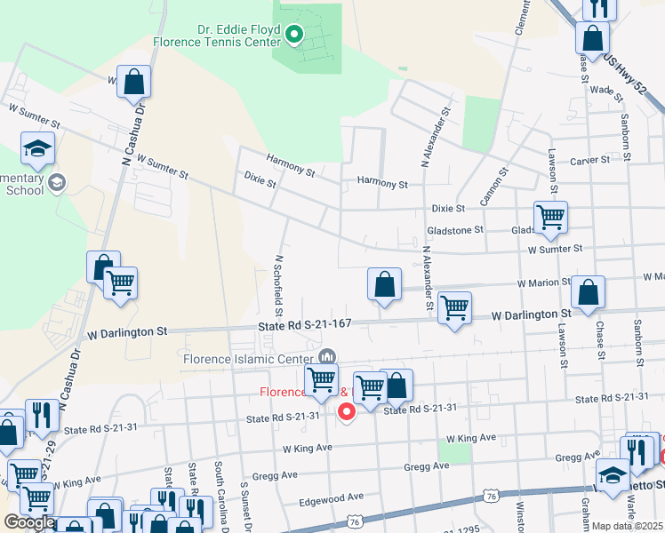 map of restaurants, bars, coffee shops, grocery stores, and more near 1405 West Darlington Street in Florence