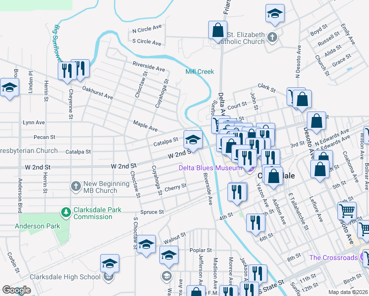 map of restaurants, bars, coffee shops, grocery stores, and more near 100-154 West 2nd Street in Clarksdale