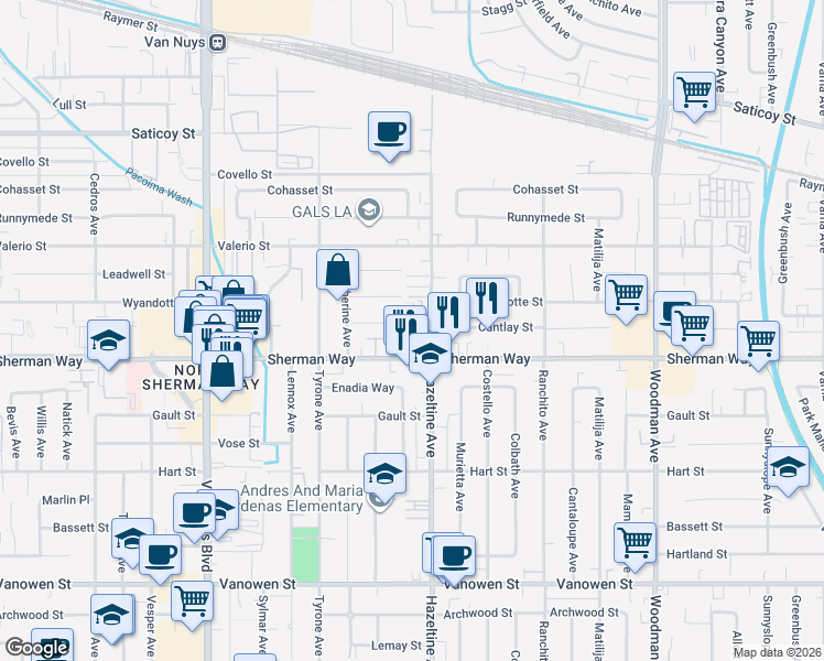 map of restaurants, bars, coffee shops, grocery stores, and more near 7225 Cedar Road in Los Angeles