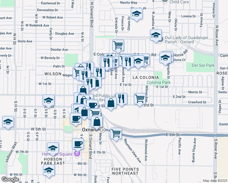 map of restaurants, bars, coffee shops, grocery stores, and more near 512 East 2nd Street in Oxnard