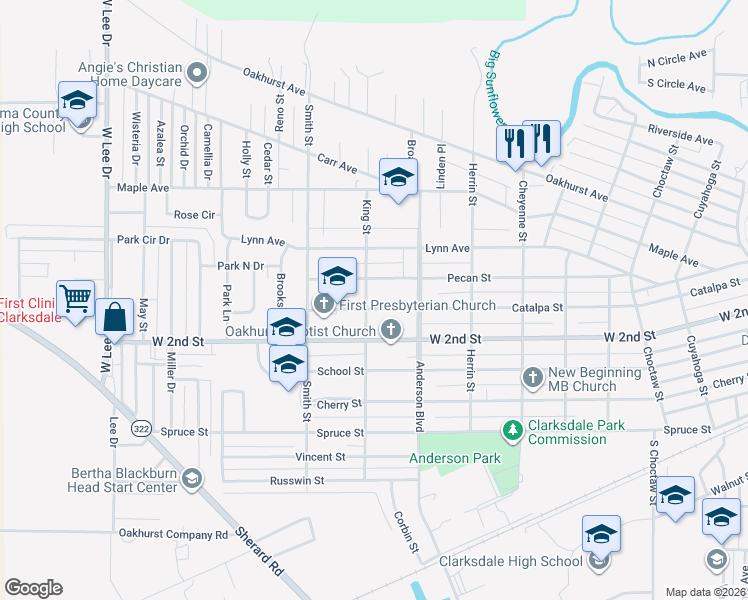 map of restaurants, bars, coffee shops, grocery stores, and more near 1203 King St in Clarksdale