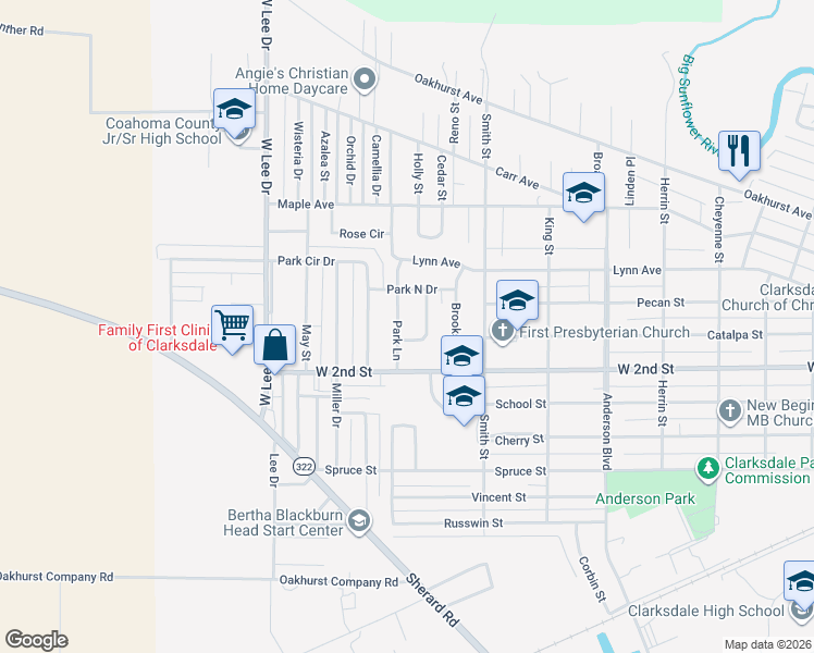 map of restaurants, bars, coffee shops, grocery stores, and more near 1123 Park Lane in Clarksdale