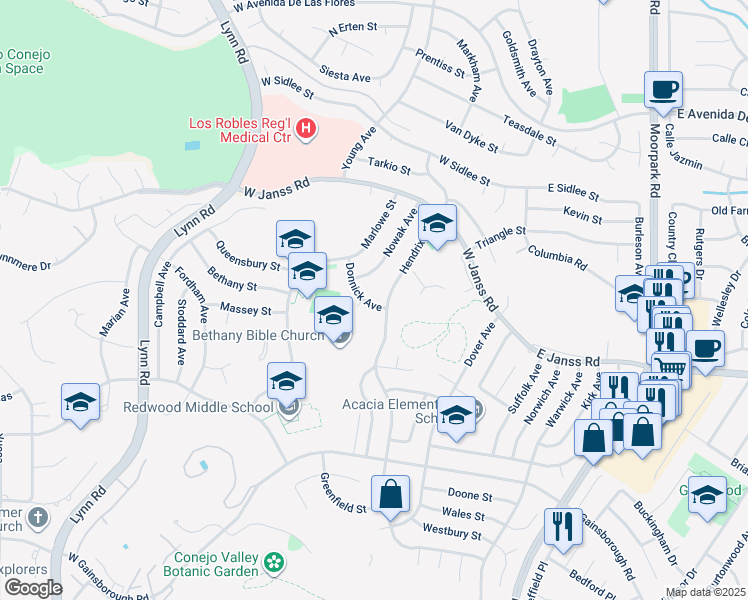 map of restaurants, bars, coffee shops, grocery stores, and more near 111 Donnick Avenue in Thousand Oaks