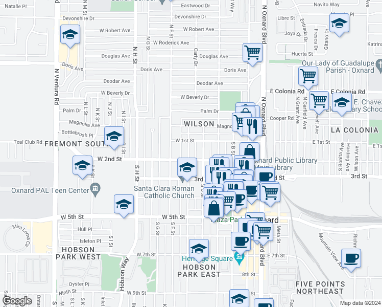 map of restaurants, bars, coffee shops, grocery stores, and more near 142 South E Street in Oxnard