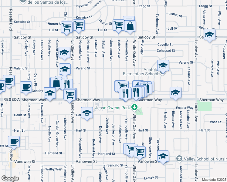 map of restaurants, bars, coffee shops, grocery stores, and more near 7228 Jamieson Avenue in Los Angeles