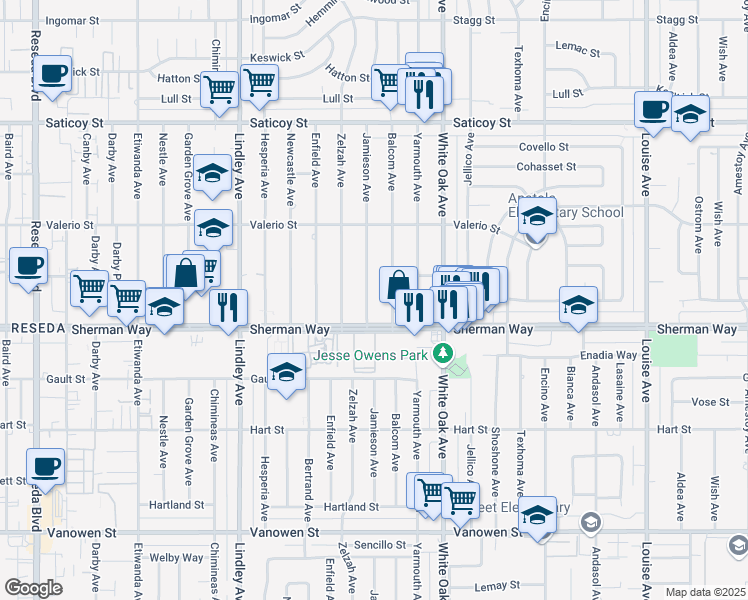 map of restaurants, bars, coffee shops, grocery stores, and more near 7228 Jamieson Avenue in Los Angeles