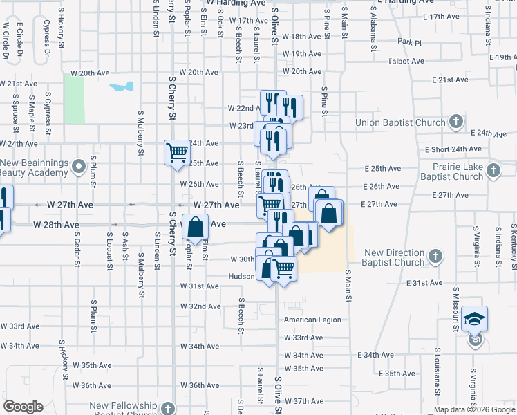 map of restaurants, bars, coffee shops, grocery stores, and more near 605 West 28th Avenue in Pine Bluff