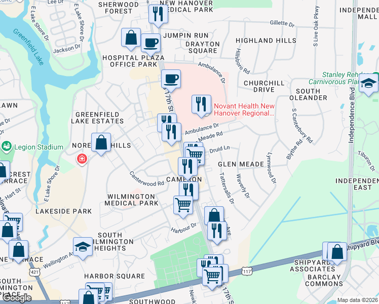 map of restaurants, bars, coffee shops, grocery stores, and more near 2301 South 17th Street in Wilmington