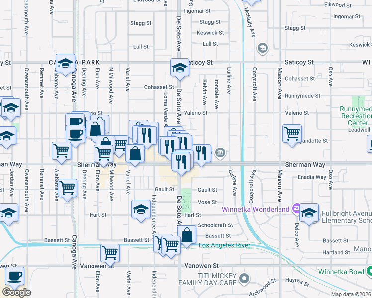 map of restaurants, bars, coffee shops, grocery stores, and more near 7230 De Soto Avenue in Los Angeles