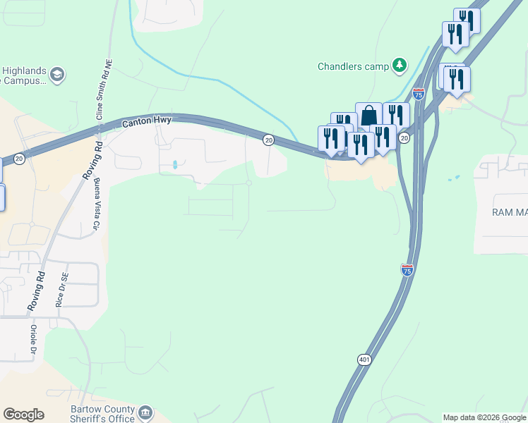 map of restaurants, bars, coffee shops, grocery stores, and more near 5588 Georgia 20 in Cartersville
