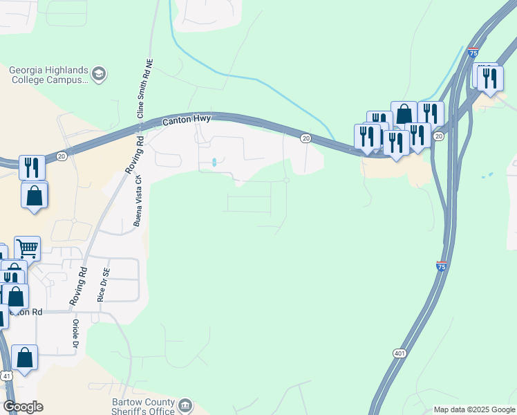 map of restaurants, bars, coffee shops, grocery stores, and more near 30 Backus Road Southeast in Cartersville