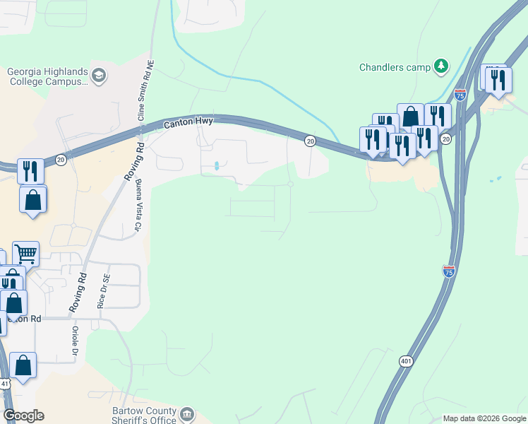 map of restaurants, bars, coffee shops, grocery stores, and more near 30 Backus Road Southeast in Cartersville