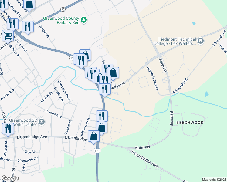 map of restaurants, bars, coffee shops, grocery stores, and more near 182 Emerald Road North in Greenwood