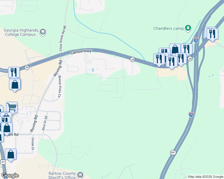 map of restaurants, bars, coffee shops, grocery stores, and more near 30 Backus Road Southeast in Cartersville