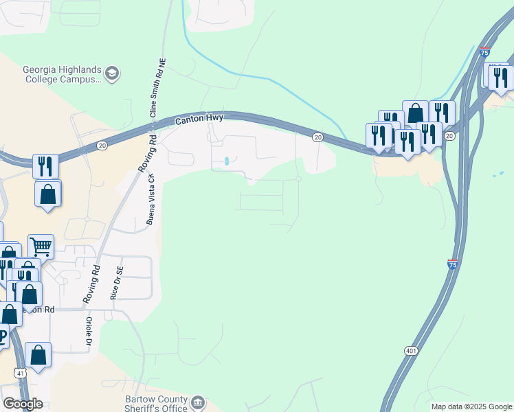 map of restaurants, bars, coffee shops, grocery stores, and more near 720 Shetland Trail in Cartersville