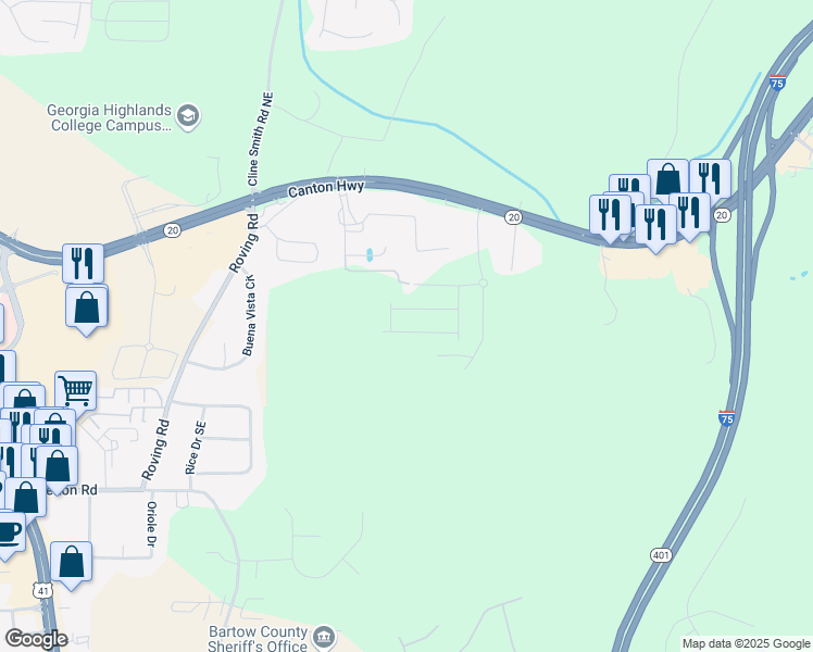 map of restaurants, bars, coffee shops, grocery stores, and more near 726 Shetland Trail in Cartersville