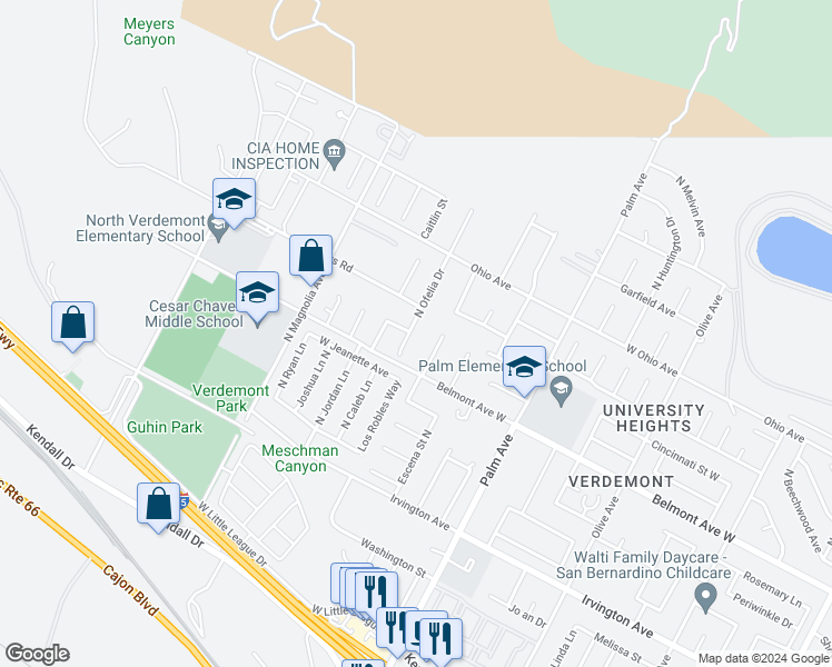 map of restaurants, bars, coffee shops, grocery stores, and more near 6673 North Ofelia Drive in San Bernardino