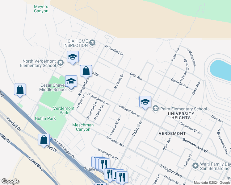 map of restaurants, bars, coffee shops, grocery stores, and more near 6673 North Ofelia Drive in San Bernardino