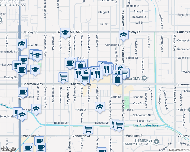 map of restaurants, bars, coffee shops, grocery stores, and more near 7237 Variel Avenue in Los Angeles