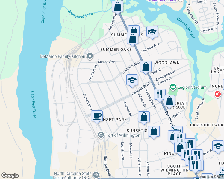 map of restaurants, bars, coffee shops, grocery stores, and more near 2049 Van Buren Street in Wilmington