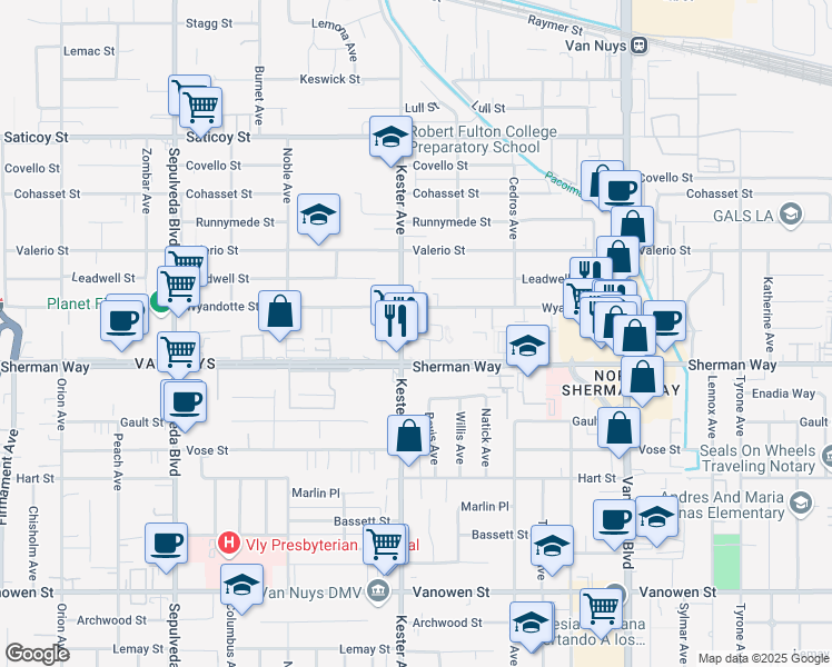 map of restaurants, bars, coffee shops, grocery stores, and more near 14829 Sherman Way in Los Angeles